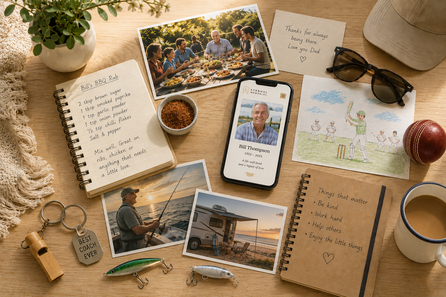 A sunlit timber table scattered with family keepsakes — a handwritten BBQ rub recipe, photos of a family meal and a fishing trip, a child's cricket drawing, a 'Best Coach Ever' keyring, fishing lures, a camper van photo, a handwritten note to Dad, and a phone showing Bill Thompson's ARRARAT story